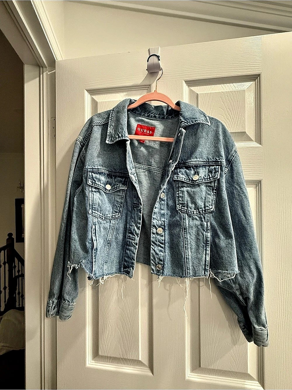 Guess Cropped Distressed Denim Jacket in Blue